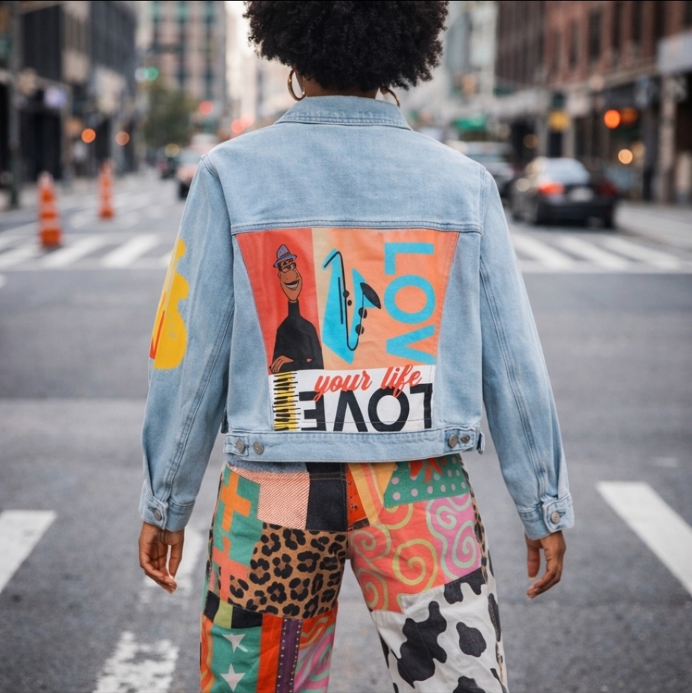 Disney Pixar Soul Denim Jean Jacket Love Saxophone Jazz Artistic Patches Sz XL - Picture 12 of 12